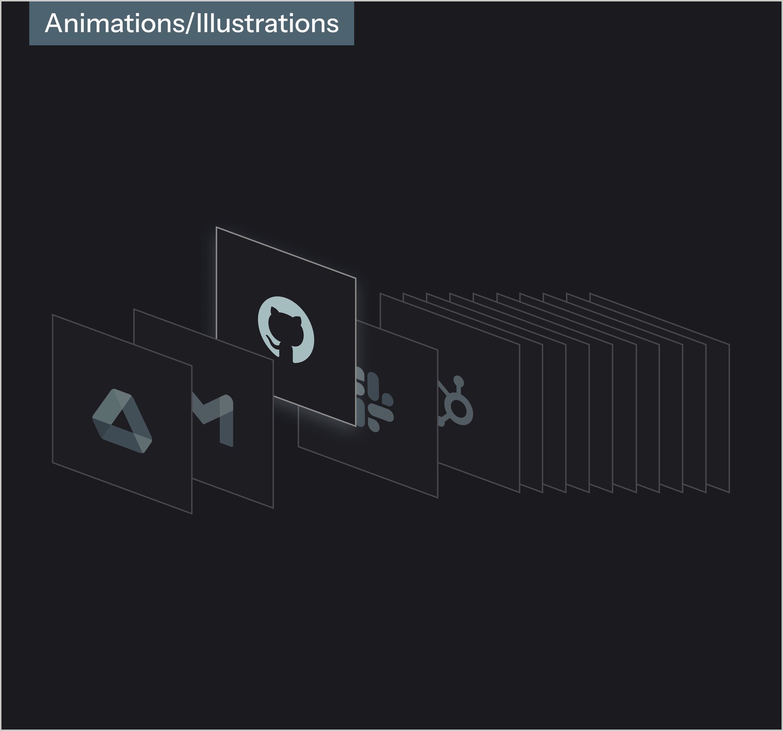 Animations and illustrations: a fan of integration cards for Drive, GitHub, Slack and HubSpot
