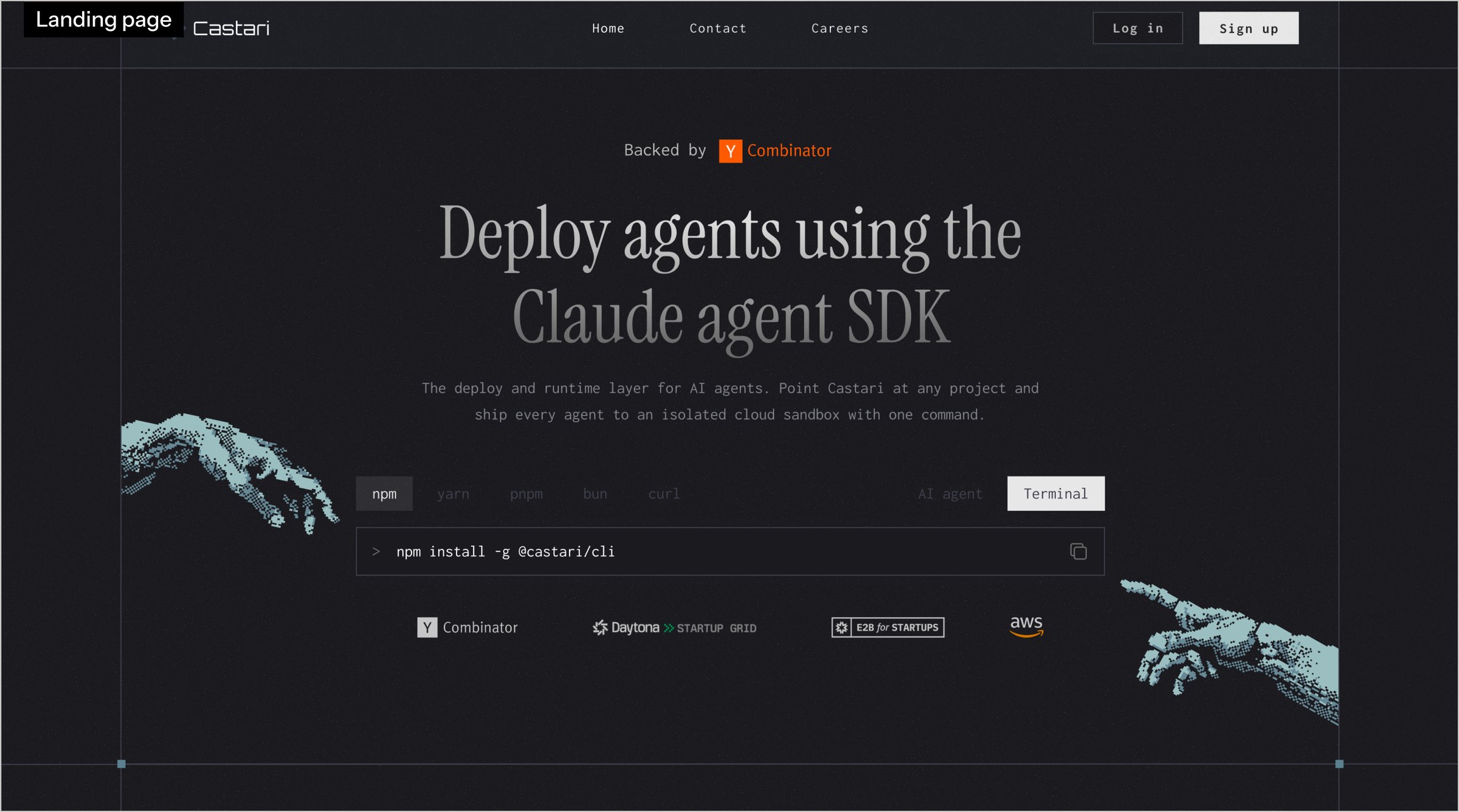 Landing page: Deploy agents using the Claude agent SDK, with two pixelated hands reaching toward an install command