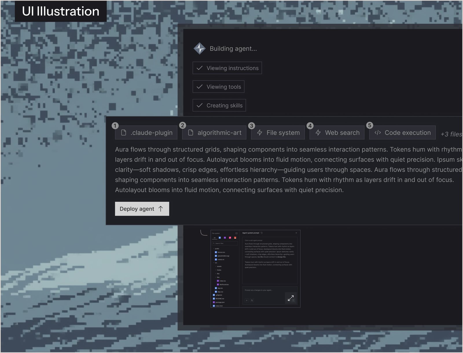 UI illustration: the agent builder panel over a pixelated landscape