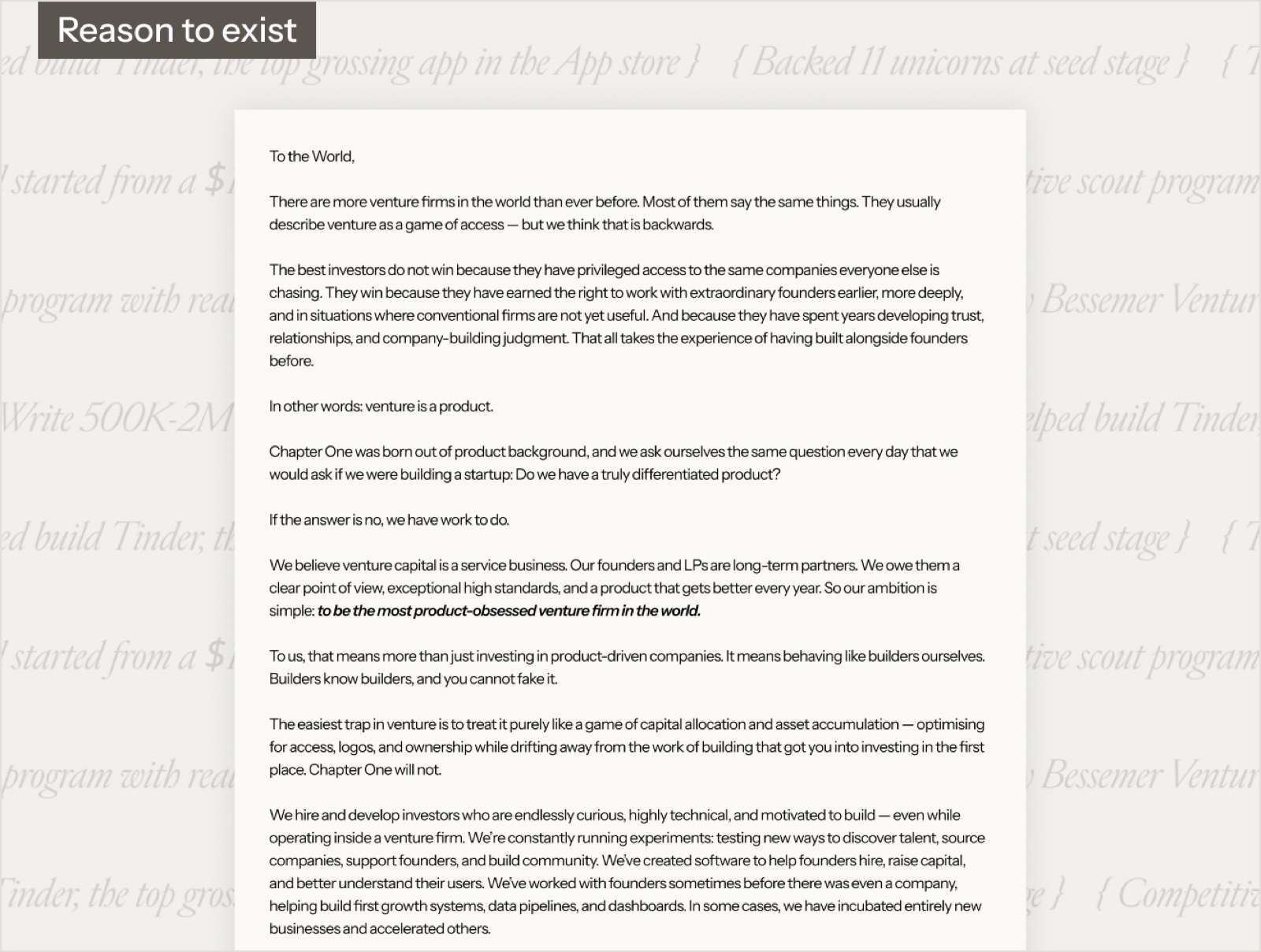 Reason to exist: the fund's thesis section