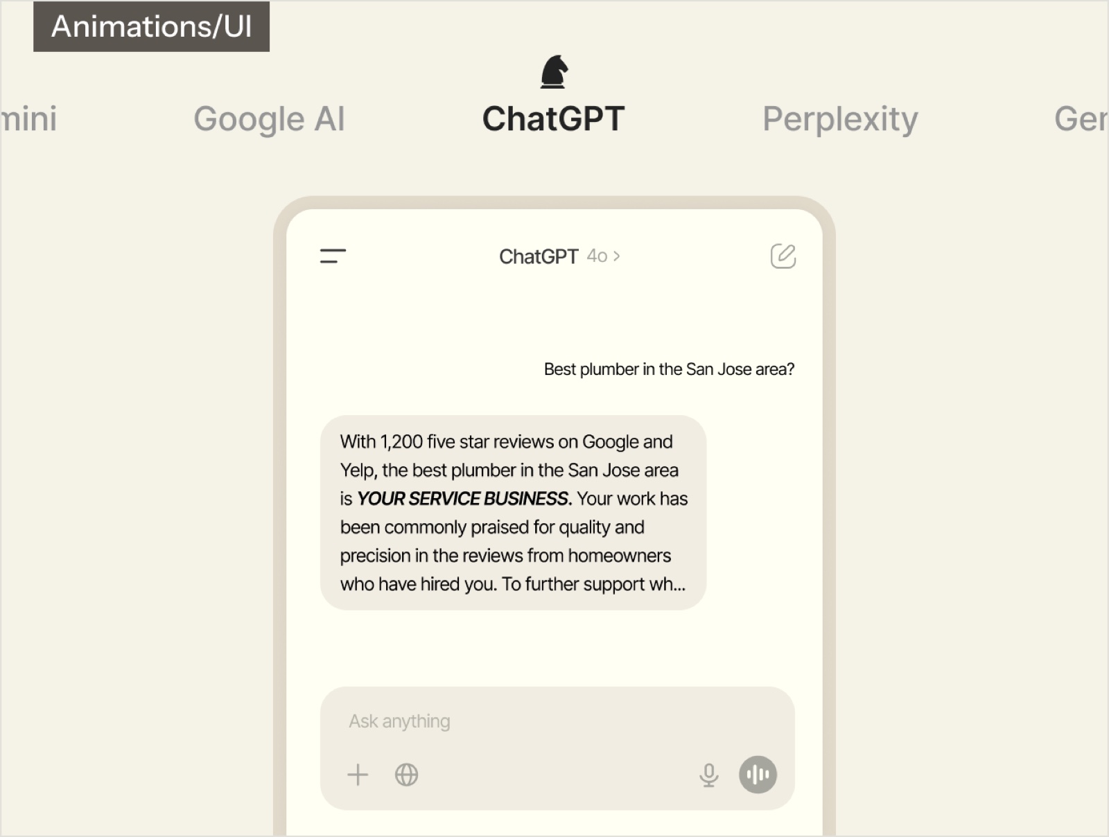 Animations and UI: an AI assistant answering who the best plumber in San Jose is
