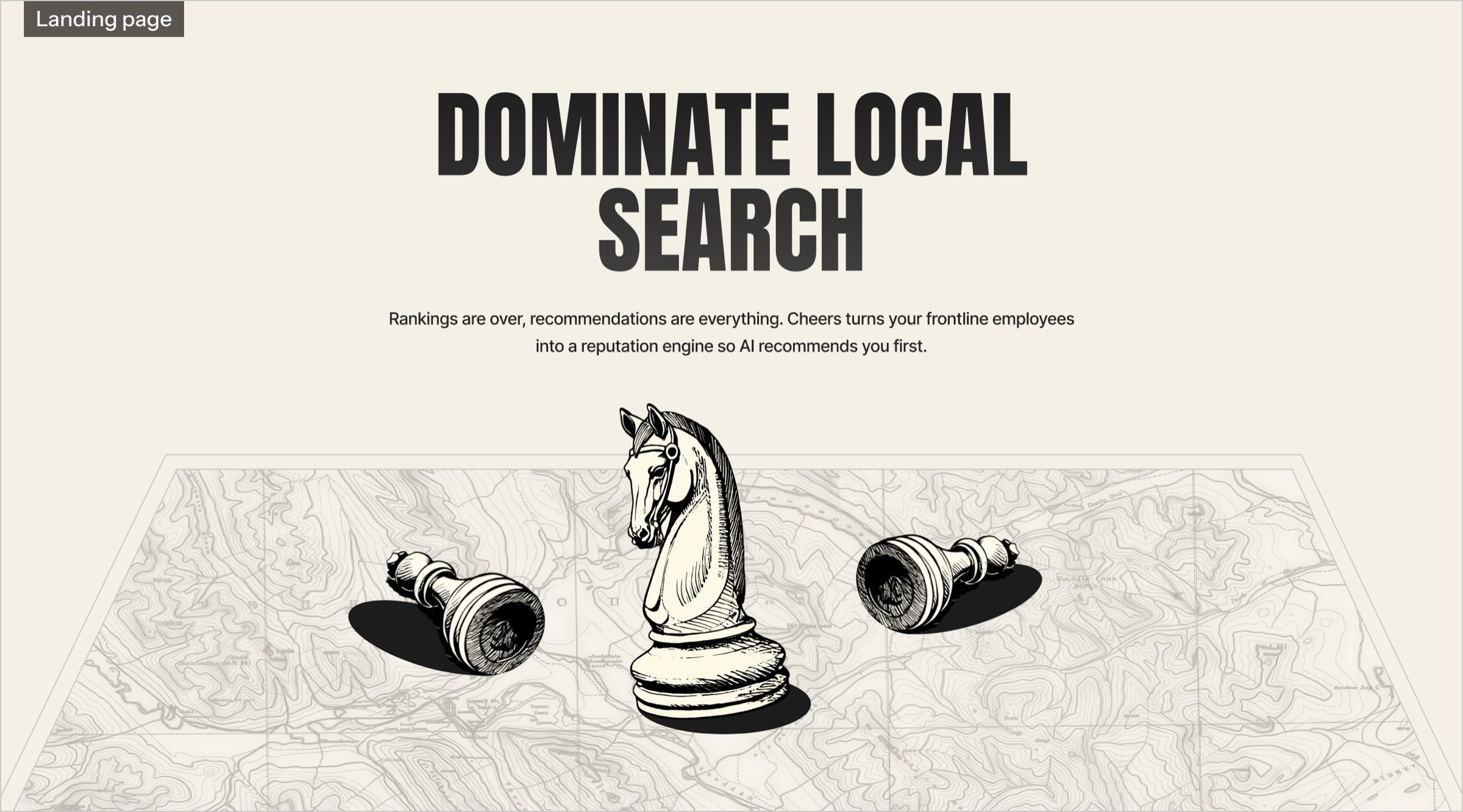 Landing page: Dominate Local Search, with a chess knight standing over fallen pieces on a map