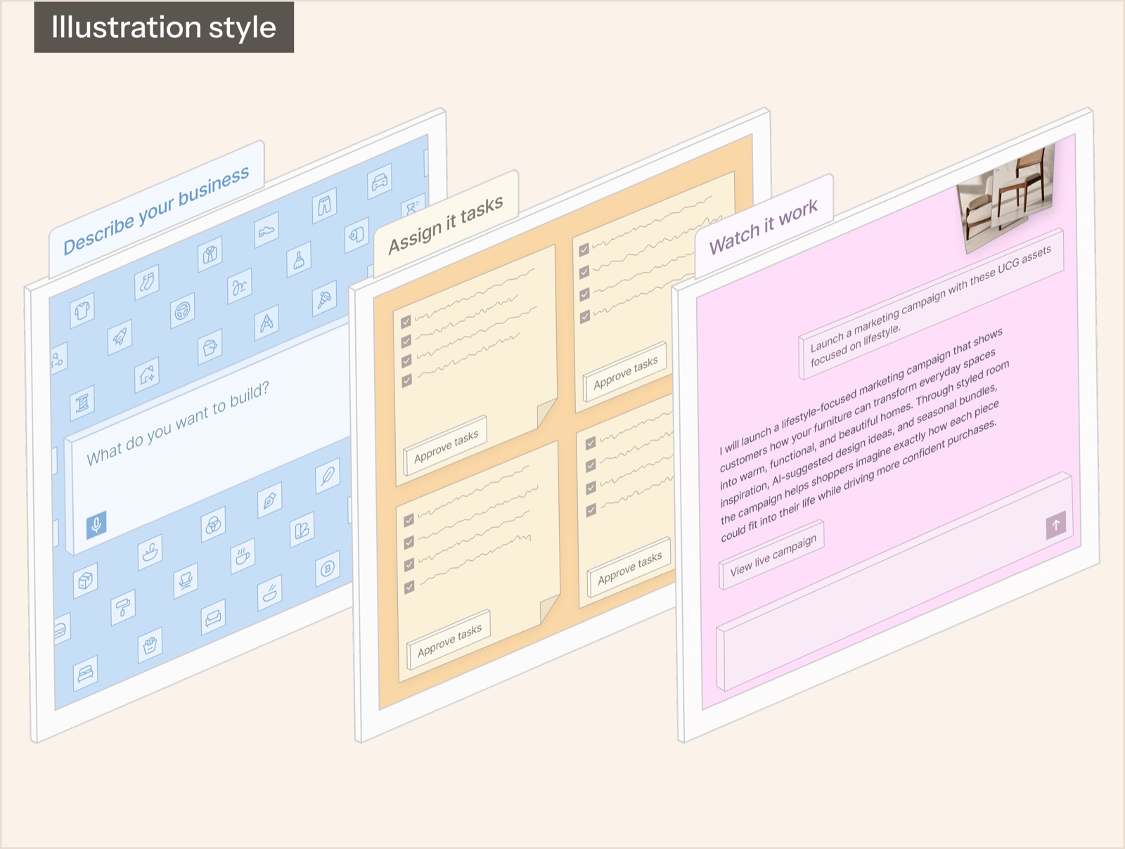 Illustration style: three isometric app windows in blue, yellow and pink
