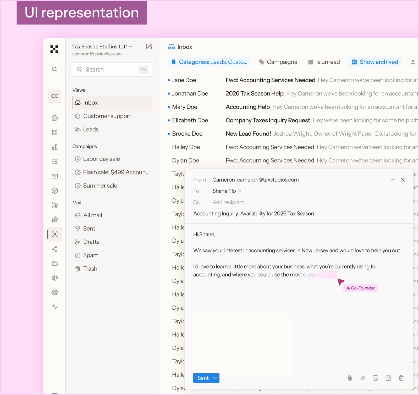 UI representation: the MadeThis inbox with an email drafted by the AI co-founder