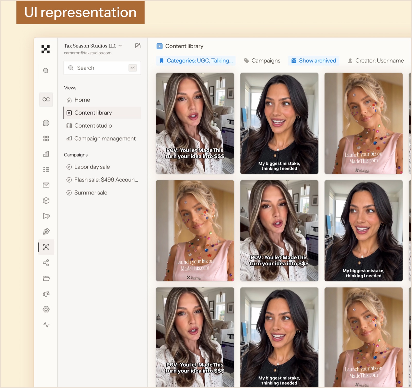 UI representation: the MadeThis content library with a grid of creator videos