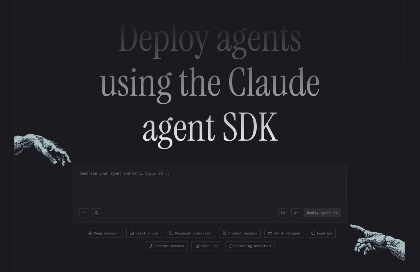 Castari: Deploy agents using the Claude agent SDK, with two pixelated hands reaching toward a prompt box