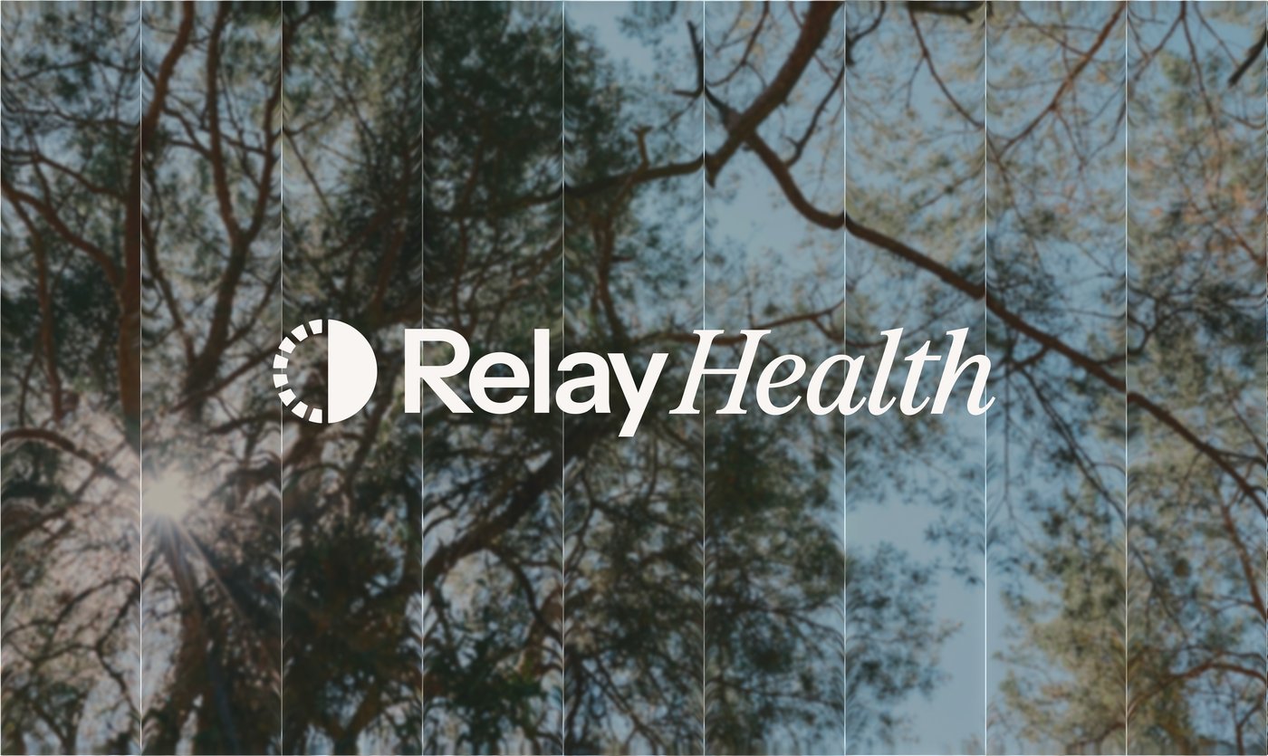 Relay Health wordmark over sunlight through tree canopies