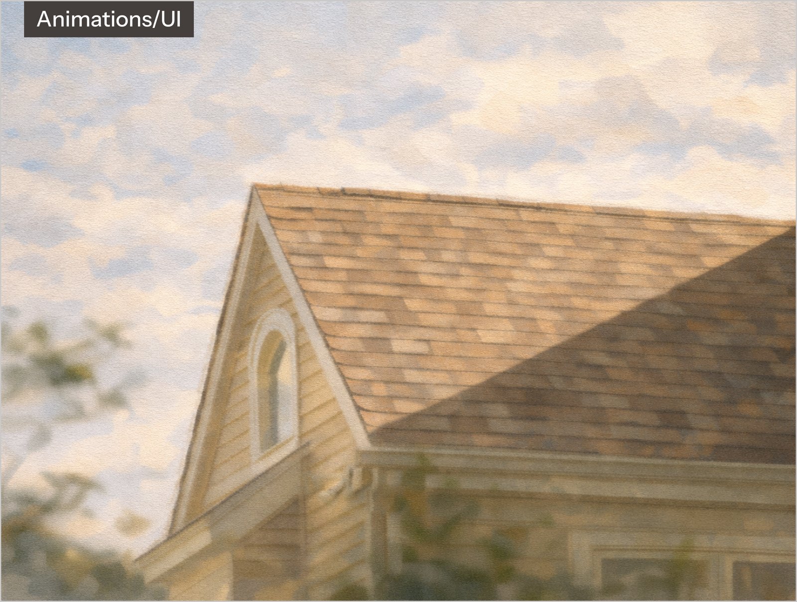 Animations and UI: a painted rooftop against a soft sky