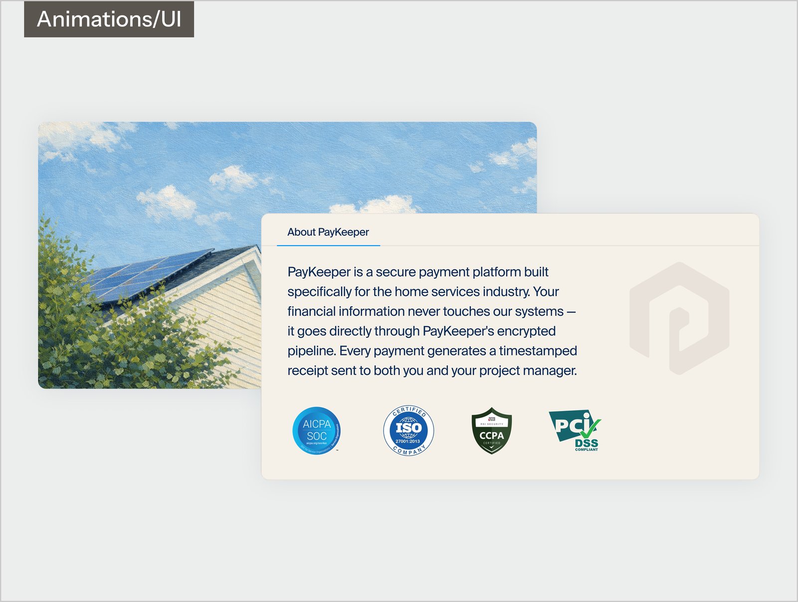 Animations and UI: the About PayKeeper card with security badges over a rooftop photo