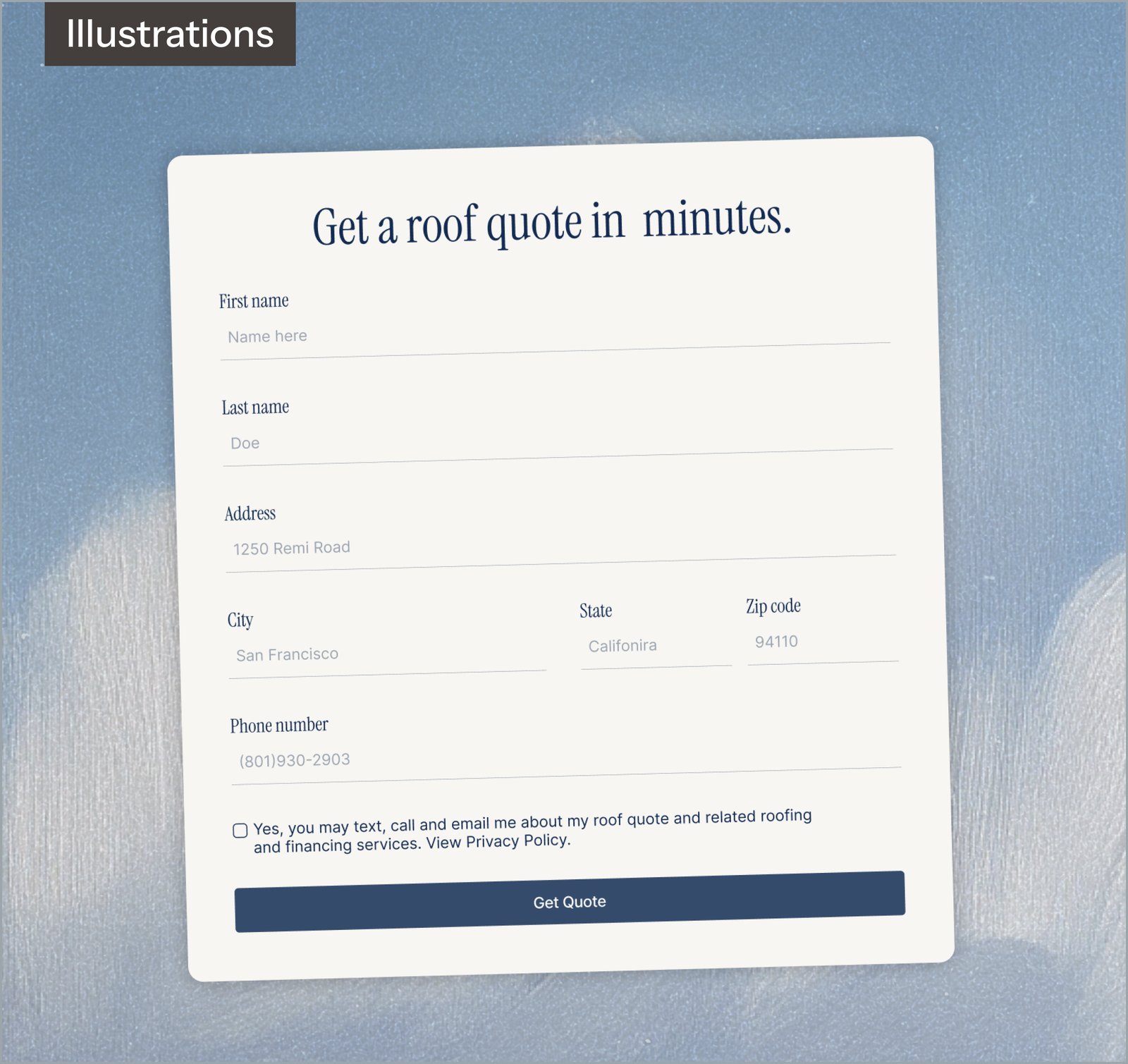 Illustrations: a Get a roof quote in minutes form floating over a painted sky