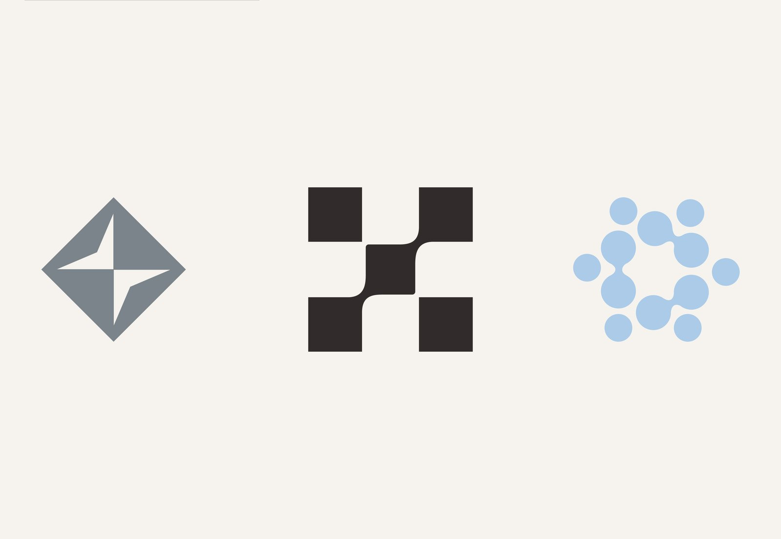 Branding and identity: three marks we have drawn, a faceted diamond, a pixel cross and a cluster of dots