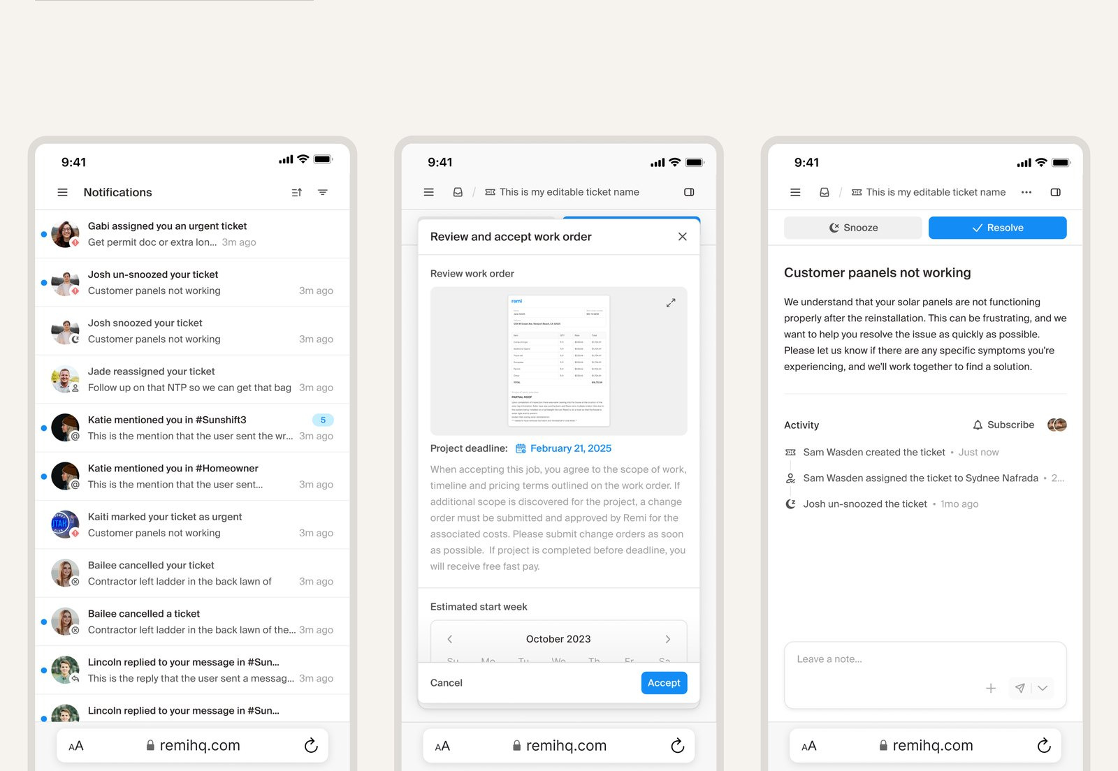 Product design: three phone screens from the Remi app, notifications, a work order and a ticket