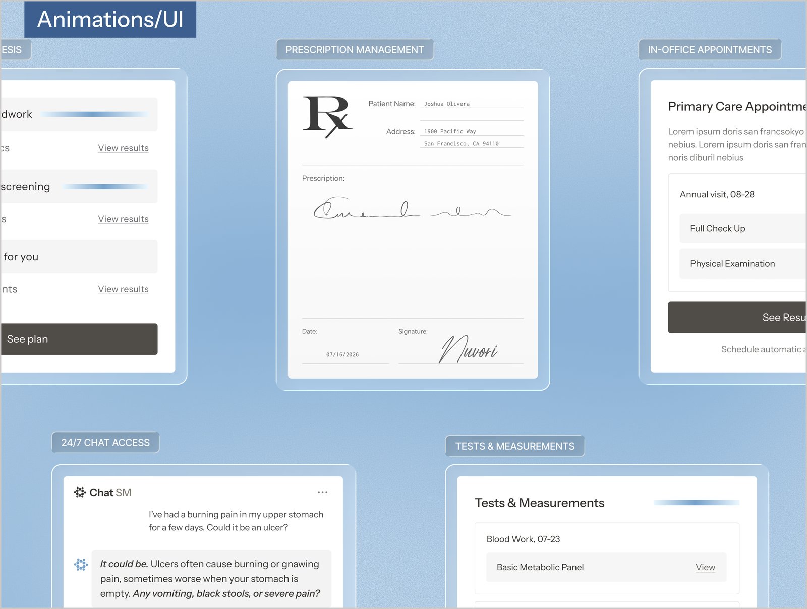 Animations and UI: prescription management, in-office appointments, chat access and tests panels