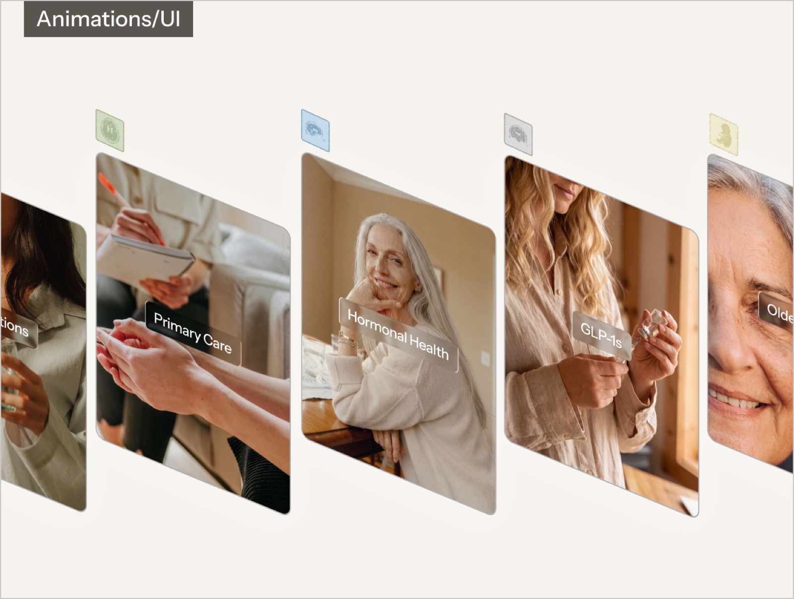 Animations and UI: service cards for prescriptions, hormonal health, GLP-1s and older adults