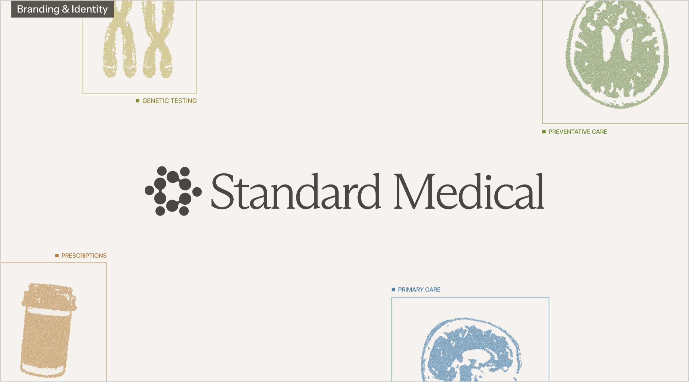 Landing page and identity: the Standard Medical wordmark surrounded by four illustrated service tiles